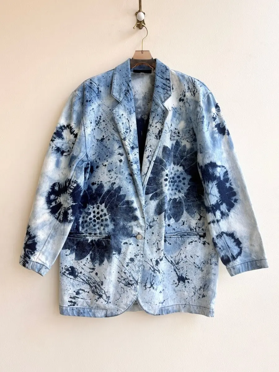"Sunflower" Distressed Denim Blazer (Reworked)