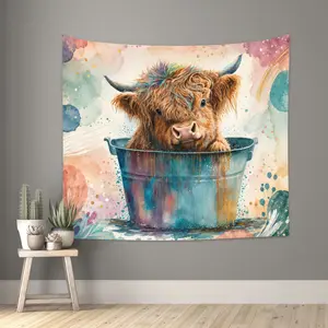 Highland Cow Wall Tapestry, Floral Watercolor Cow in Tub Wall Hanging Decor, Cute Western Farmhouse Tapestry for Bedroom Dorm Room Living Room