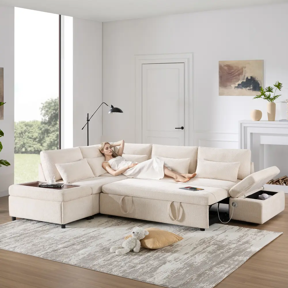 107-inch modular  bed with adjustable armrests, pull-out  section, freely movable storage ottoman, L-shaped design, USB and Type-C charging ports, customizable configuration, chenille fabric, suitable for living rooms and apartments. compression sofa