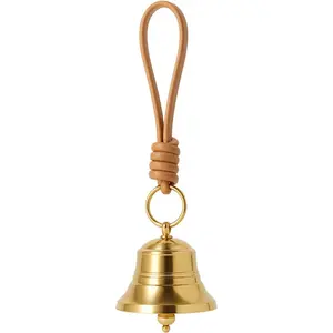 Vintage Gold Brass Hanging Bell for Door Knob, Small Doorbell Chime on Leather Rope for Front Door, Decor for Home Shop Garden & Christmas