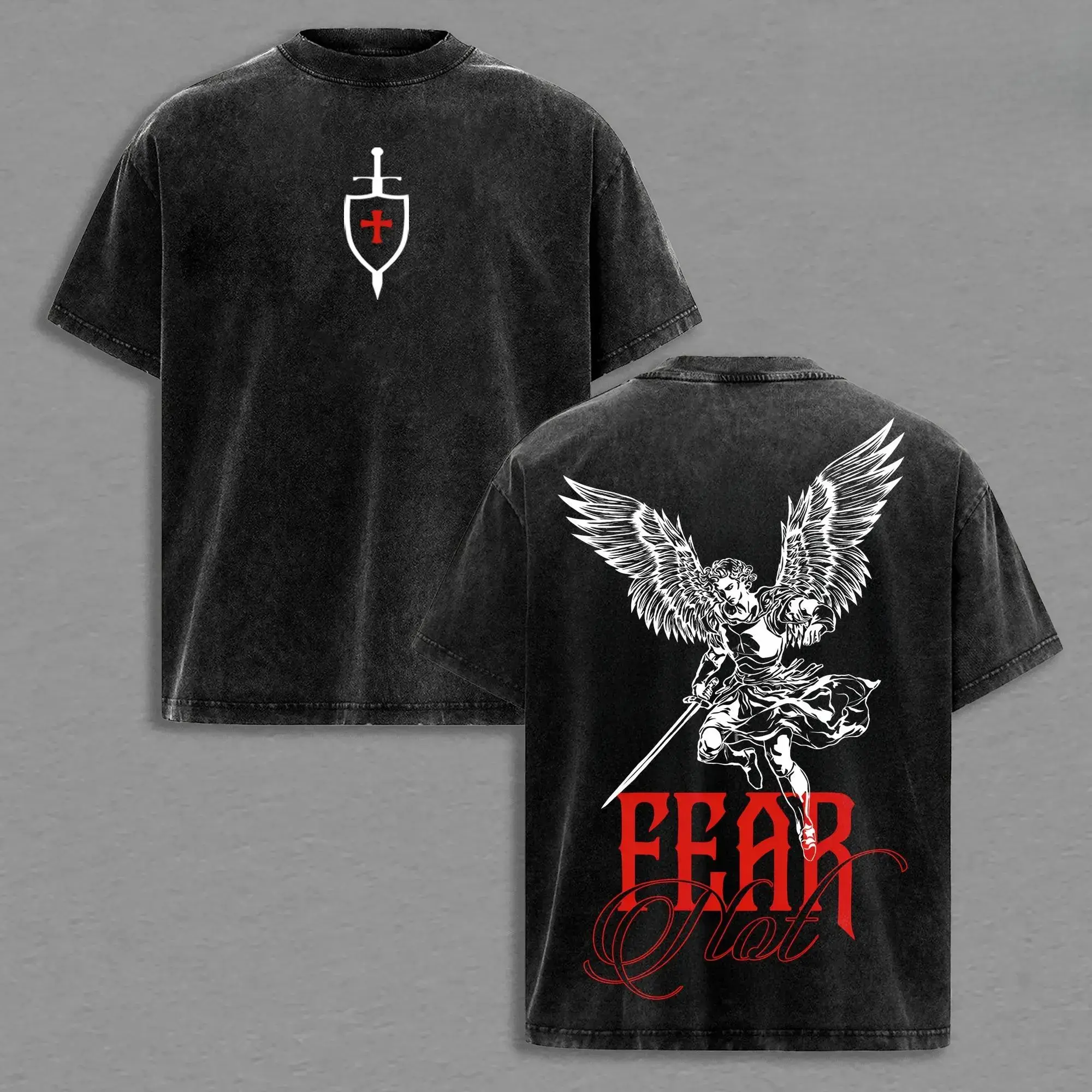 Fear Not Archangel Christian Vintage Washed Oversized T-Shirt, Heavy Cotton Faith Warrior Graphic Tee, Angel Sword Cross Streetwear, Unisex Religious Shirt, Biblical Strength Apparel for Believers