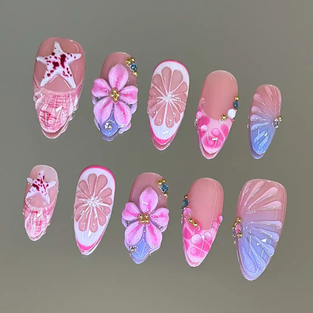 NailVesta  –OCEAN YUZU 100% Handcrafted 3D Press-On Nails | Reusable, Long-Lasting, Salon-Quality black lace nail art nail art