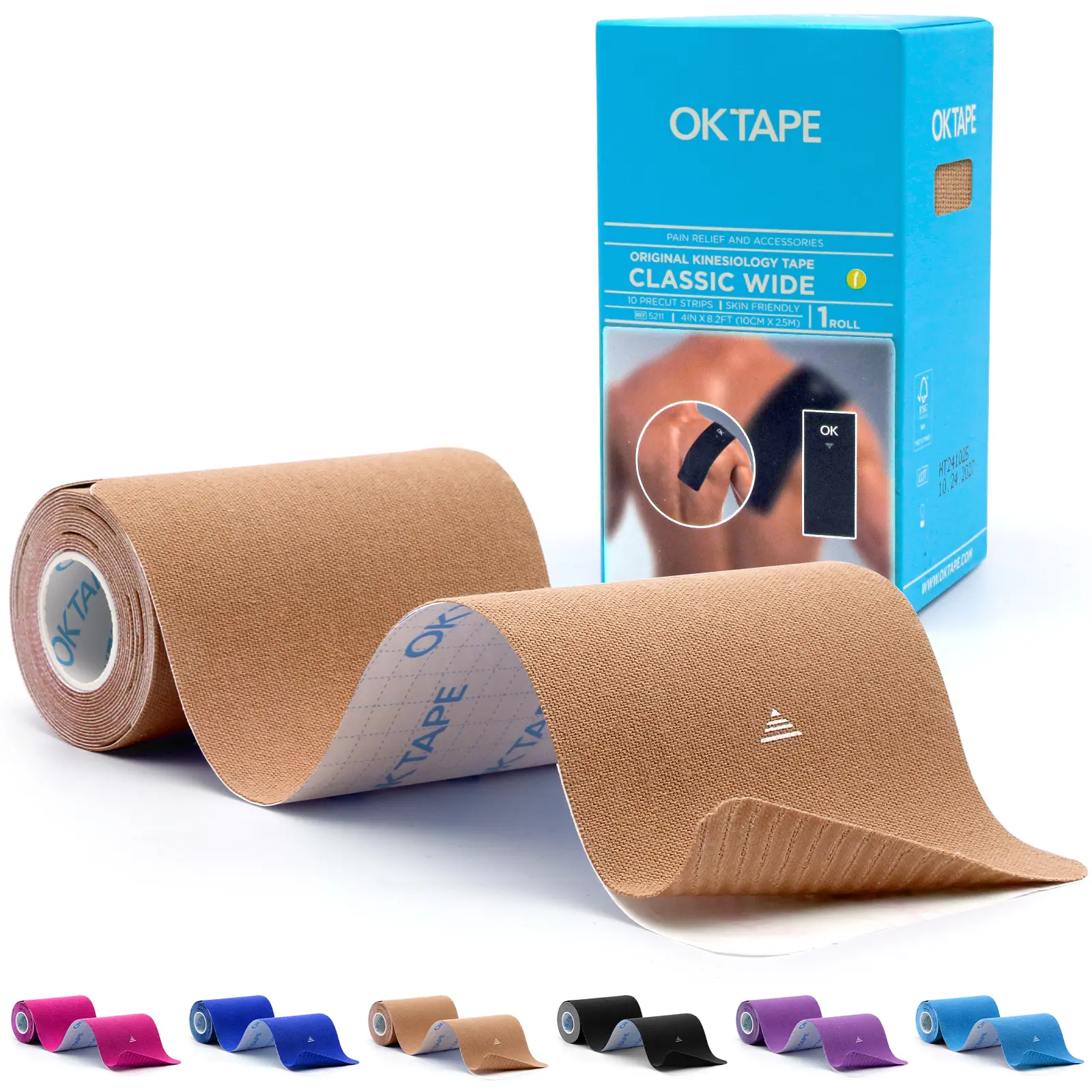 OKTAPE Extra Wide Kinesiology Tape, 1 Roll Precut K Tape Strips, Cotton Elastic Latex-Free, Physical Therapy Athletic Tape for Pain Relief & Joint Support Back, Shoulder, Knee (4" x 10" - 10Pcs)