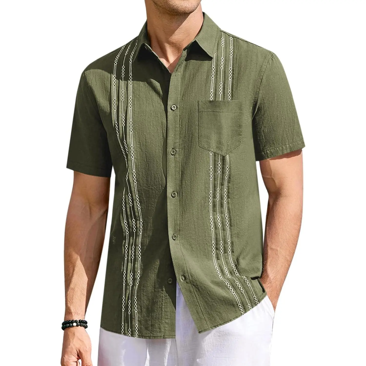 PASLTER Men's Linen Guayabera Cuban Short-Sleeve Button-Down Kurta Top, Casual Men's Fashion Summer Beach Shirt, Shortsleeve