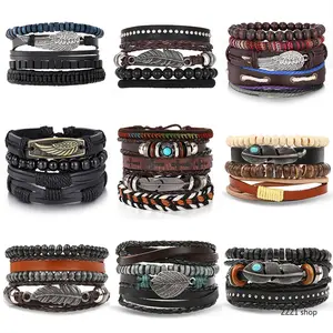 Mens Leather Bracelet Set Vintage Braided Feather Wing Punk Wristbands Multi Layer Wood Beaded Bangle Pack Guys Tribal Boho Holiday Casual Jewelry