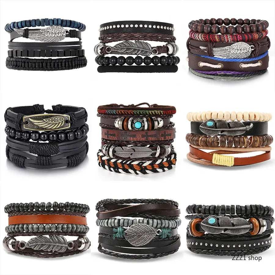 Unisex Retro Ethnic Vintage Leather Bracelet Set - Multi-Layered Braided Bands with Wood Beads, Feather Wing Charm, Suitable for All Seasons (Sports & Outdoor Wristband Accessory), Sporty Sports Wristbands