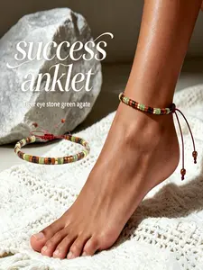 Adjustable Tiger's Eye & Green Agate Beaded Anklet, Natural Healing Stone Foot Bracelet, Boho Yoga Summer Beach Holiday Ankle Jewelry for Men & Women