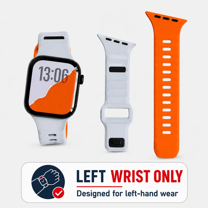 Angled Silicone Smart Watch Band for Left Wrist, Breathable Two-Tone Sport Replacement Band, Compatible with Smart Watch Ultra 1/2/3/4, Series 4–12 & SE, Fits 38/40/41/42/44/45/46/49mm Wearable