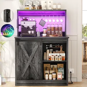 Farmhouse Coffee Bar Cabinet with Charging Station & Led Lights, Charming Buffet Cabinet with Hutch, Customizable Storage with Barn Door Style, Perfect for Kitchen, Living Room, Black Oak