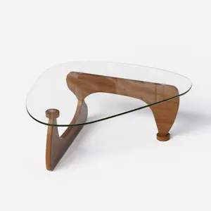 Coffee Table with Glass Top, 50'' Triangle Glass Coffee Table, Vintage Glass End Table with Solid Wood Base and Triangle Glass Top, Modern End Table, Sofa table for Living Room