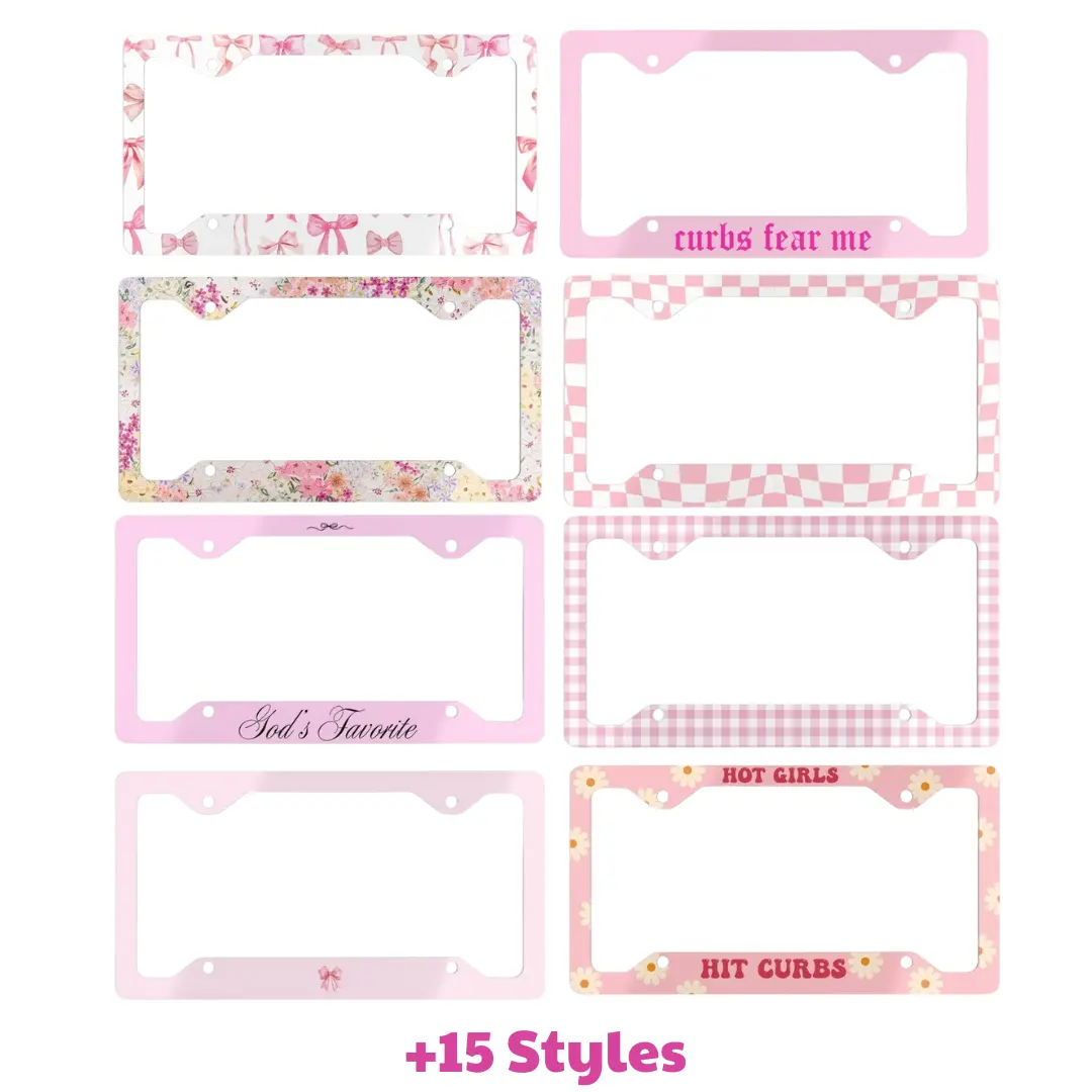 Cute Pink License Plate Frame for Women, Girly Aesthetic Car Accessories, Floral, Bow, Checkered & Trendy Designs