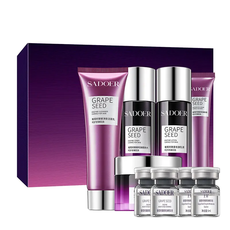 Grape Seed Anti-Aging 9-Piece Skin Care Set, Hydrating Firming Facial Skincare Kit with Cleanser, Toner, Serum Ampoules, Lotion, Eye Cream & Face Cream