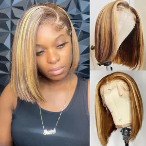 Bob Wig Human Hair 13x4 HD Lace Frontal Short Straight Lace Front Bob Wigs for Black Women Human Hair Pre Plucked Glueless Side Part 200% Density Ombre Highlight 4/27 12 Inch