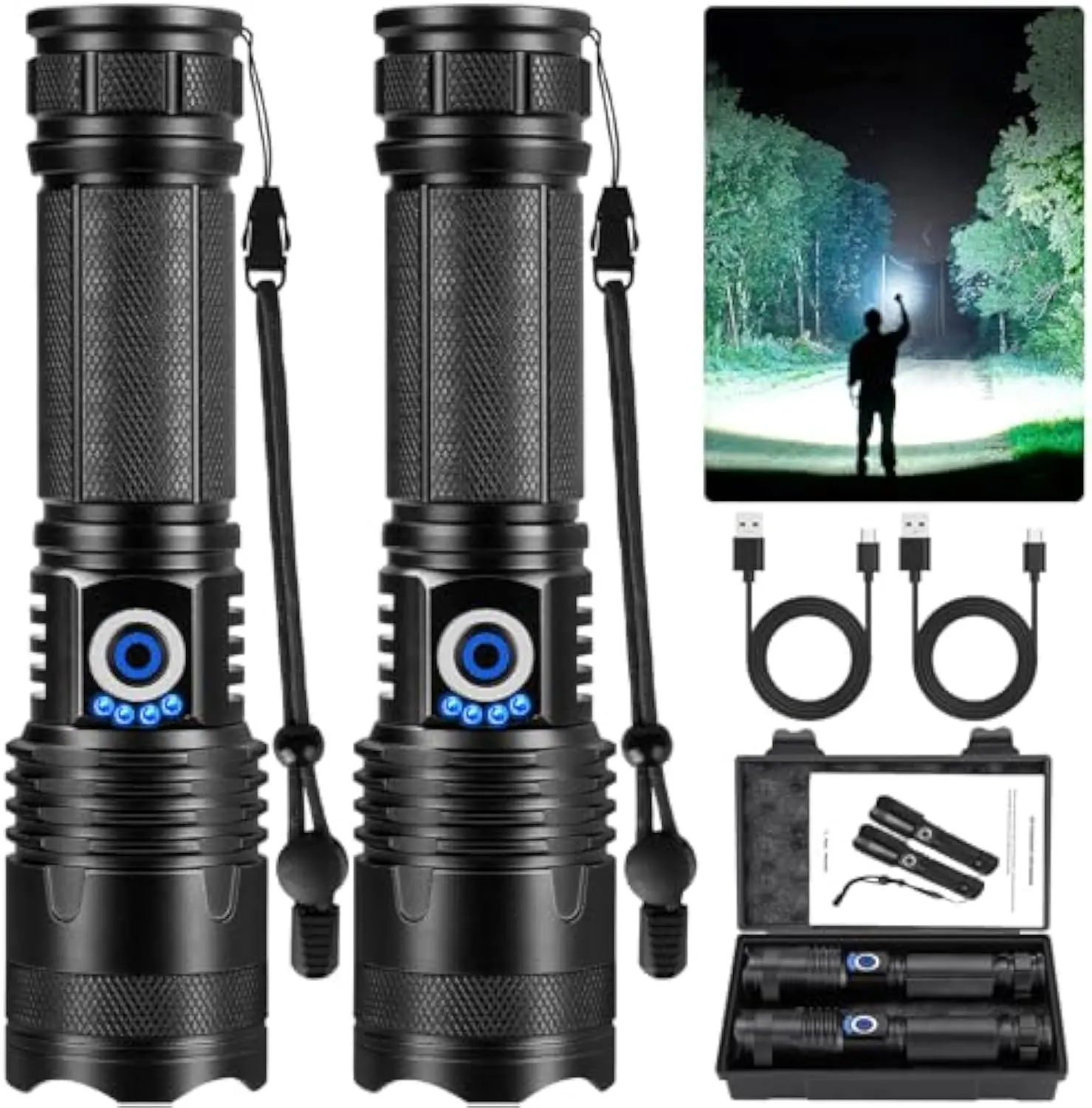2-Piece Rechargeable Ultra Bright LED Flashlights with 5-Mode Brightness, 90000 Lumens, Zoom, Waterproof Aluminum Body, USB Port Powered, Emergency Power Outage Use, Practical Gift for Men, Flashlight