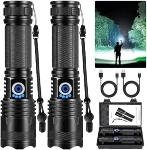 2-piece Rechargeable Zoom Ultra Bright Flashlight, Suitable for Emergency Power Outages, Outdoor Camping, Hurricanes Rechargeable LED Battery Powered, with 5 Lighting Modes, Strong light Waterproof Portable Hand Flashlight, Practical Gifts for Men