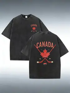 Canada Hockey Themed Washed T-Shirt Made of 100%, Featuring Double-Sided Printing, Personalized Designs on The Front And Back, Casual Round Neck, Stylish Men'S Tee, Comfortable for All Seasons, Making It an Ideal Choice for Everyday Wear An