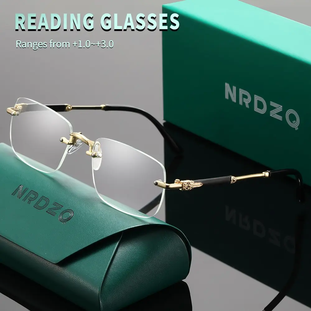 NRDZQ Luxury Carved Frameless Blue Light Blocking Reading Glasses (100-300 Degrees), Unisex, Multiple Colors, Gift Box Included, Reading Eyeglasses, Reading Eyewear