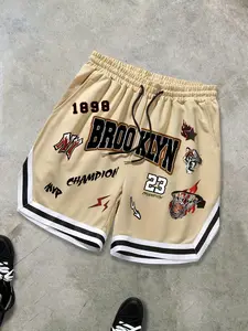 Unisex Brooklyn 23 Basketball Graphic Shorts, Streetwear Sports Shorts, Retro MVP Champion Graffiti Print Loose Fit Athletic with Drawstring Elastic Waist, Khaki Color with Contrast Stripe, Lightweight Breathable Mesh Fabric for Comfort