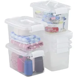 6-Pack Home Storage Bins, Plastic Container, Latching Box with Handle (White handle)