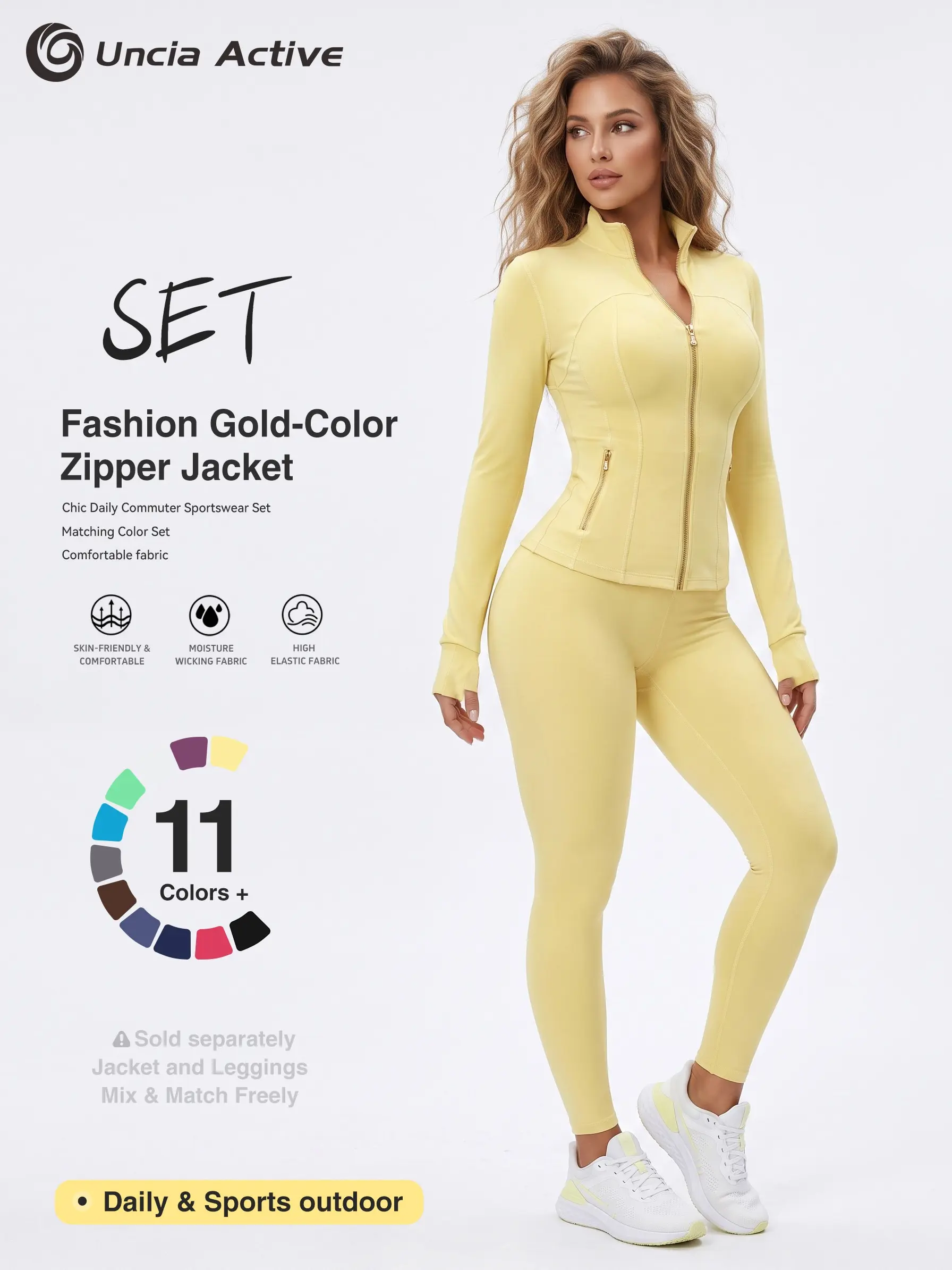 Women Figure Sculpting Zip Up Sports Coordinate, Gold Metal Zipper Stand Collar Workout Jacket and High Waist Full Length Leggings, Lightweight Stretch Activewear for Gym and Everyday Outing