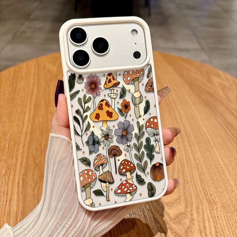Mushroom & Wildflower Print Phone Case  Add A Touch Of Forest Charm & Playful Warmth To Your Daily Device Featuring Built-In Strong Magnet Ring Blending Smooth Macaron Texture With Secure Magsafe Compatibility For iPhone 17 16 15 14 13 12 11 X XS