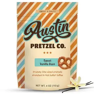 Vanilla Bean Flavor Pretzels – 4 Oz Gourmet Snack, Crunchy Bite-Sized Treats with Rich Butter Toffee Coating – Perfect for Sharing & Indulging Austin Pretzel