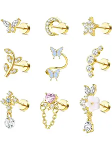 Women's Rhinestone Design Stainless Steel Helix Piercing Jewelry, 9-Piece Set, Casual Style, All-Season Wear, Charming & Durable