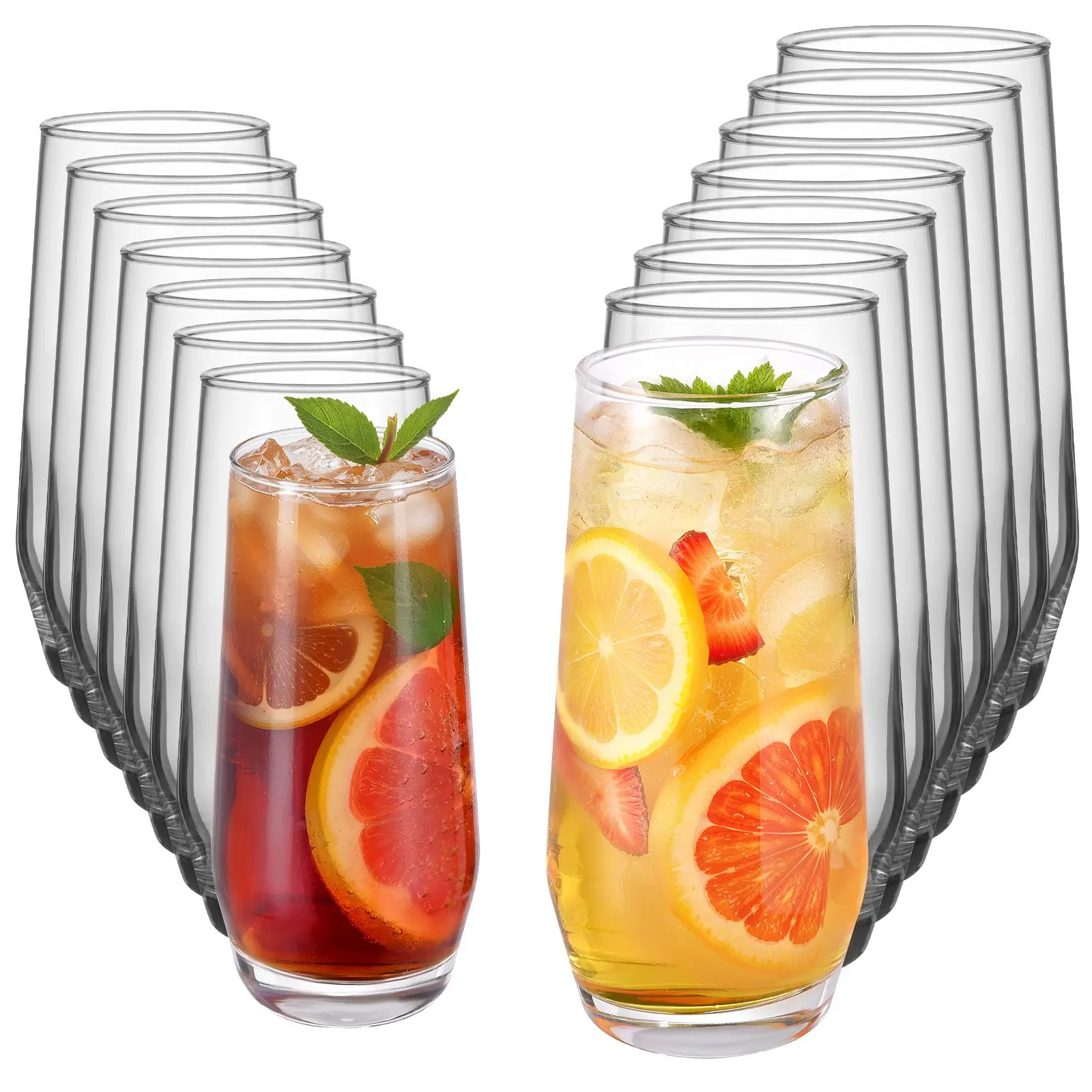VEVOR Drinking Glasses Set, 16-Piece Crystal Glass Cups, Elegant Mixed Glassware Set, with 8 Pcs 18.26 Oz Highball and 8 Pcs 11.5 Oz Cocktail Drinkware for Kitchen, Beer, Smoothie, Juice, Soda, Wine