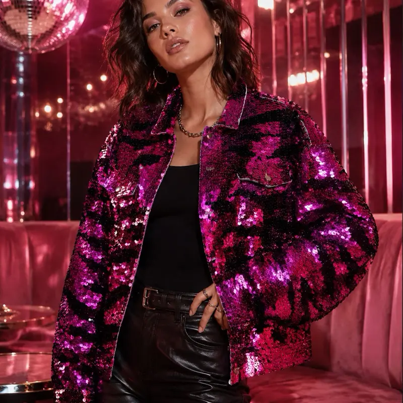 #157 Luna Sparkle Stylish Jacket in Vibrant Pink Sequins with Black Accents for Festive Outfits