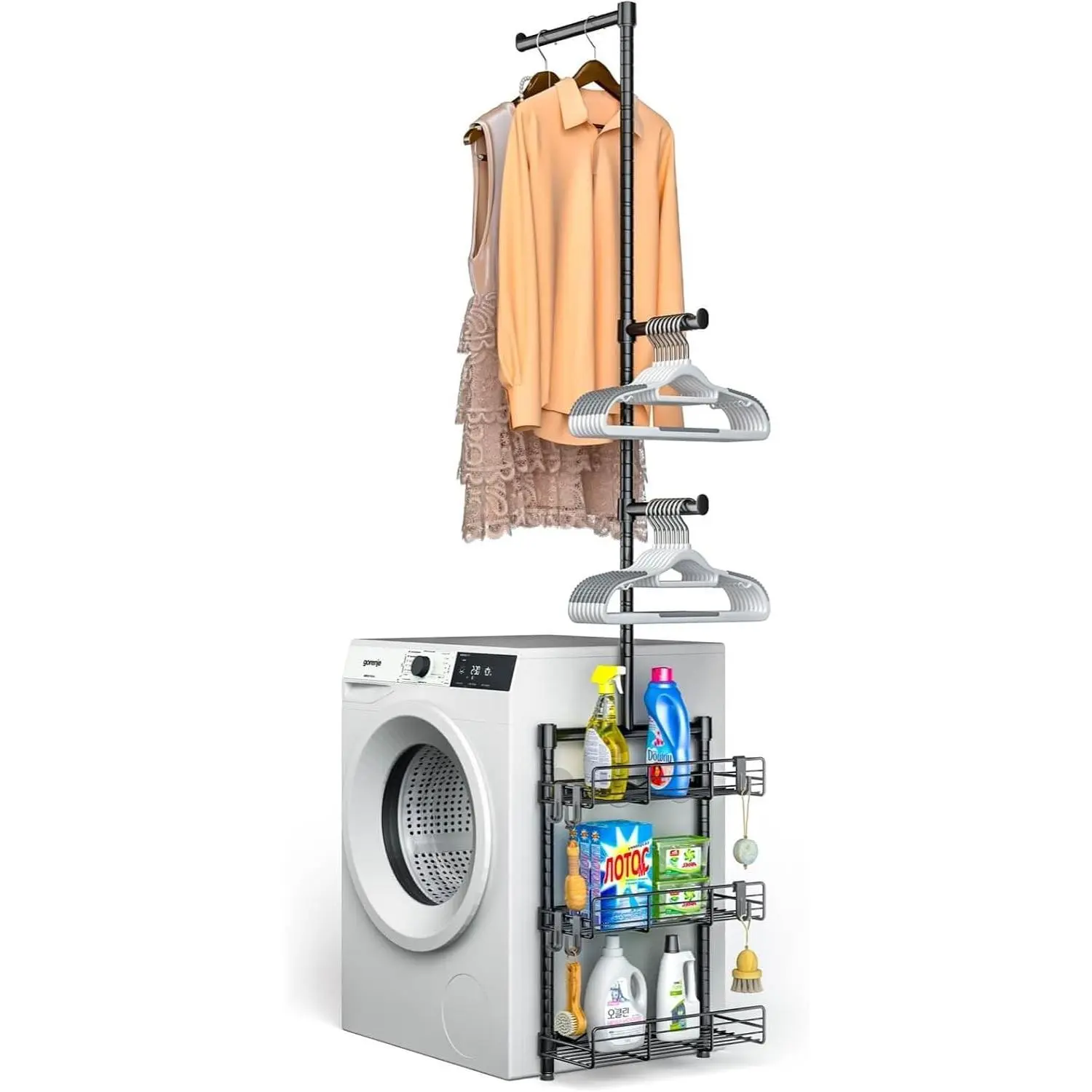 Laundry Room Shelves Over the Washer and Dryer Storage Shelf with Hanging Rod Basket and Hanger Organizer for Laundry Room Organization