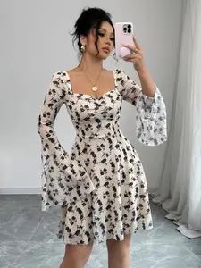 New Women's Short Knitted Mesh Floral Print Dress, Casual Elegant Bodycon Party Gown, Western Style Holiday Vacation Wear Womenswear