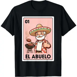 El Abuelo Grilling Grandpa Mexican Bingo Card T-Shirt Pure Cotton Graphic Tees Menswear Top: Gifts for Men & Women