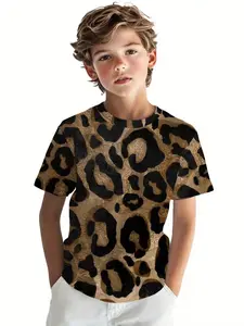 Boys' Classic Leopard Pattern Long Sleeve Tee, Casual Fitted Design, All-Season Wear, Perfect Gift for Kids, Trendy Street Style
