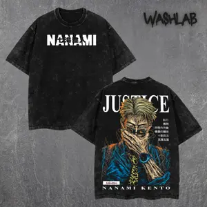 RetroVintage Nanami JJK - Jujutsu Kaisen Merch Graphic Tee Double Sided Print Oversized Acid-Washed Heavyweight Cotton T-Shirt – Unisex Anime Tee, Perfect Gift for Anime Fans and Lovers Menswear Tops