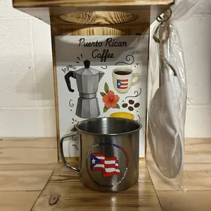 Puerto Rican Coffee Maker with strainer and stainless steel mug.