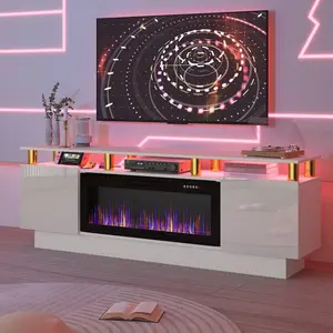 70" Modern Fireplace TV Stand With 36" Electric Fireplace For TVs Up To 80", Stainless Steel Pipe,Luxury Wood Media TV Console, High Gloss Cabinet With USB LED Stress, 5V, LED Entertainment Center For Living Room, Chimeneas Electricas Para Sala Modernos