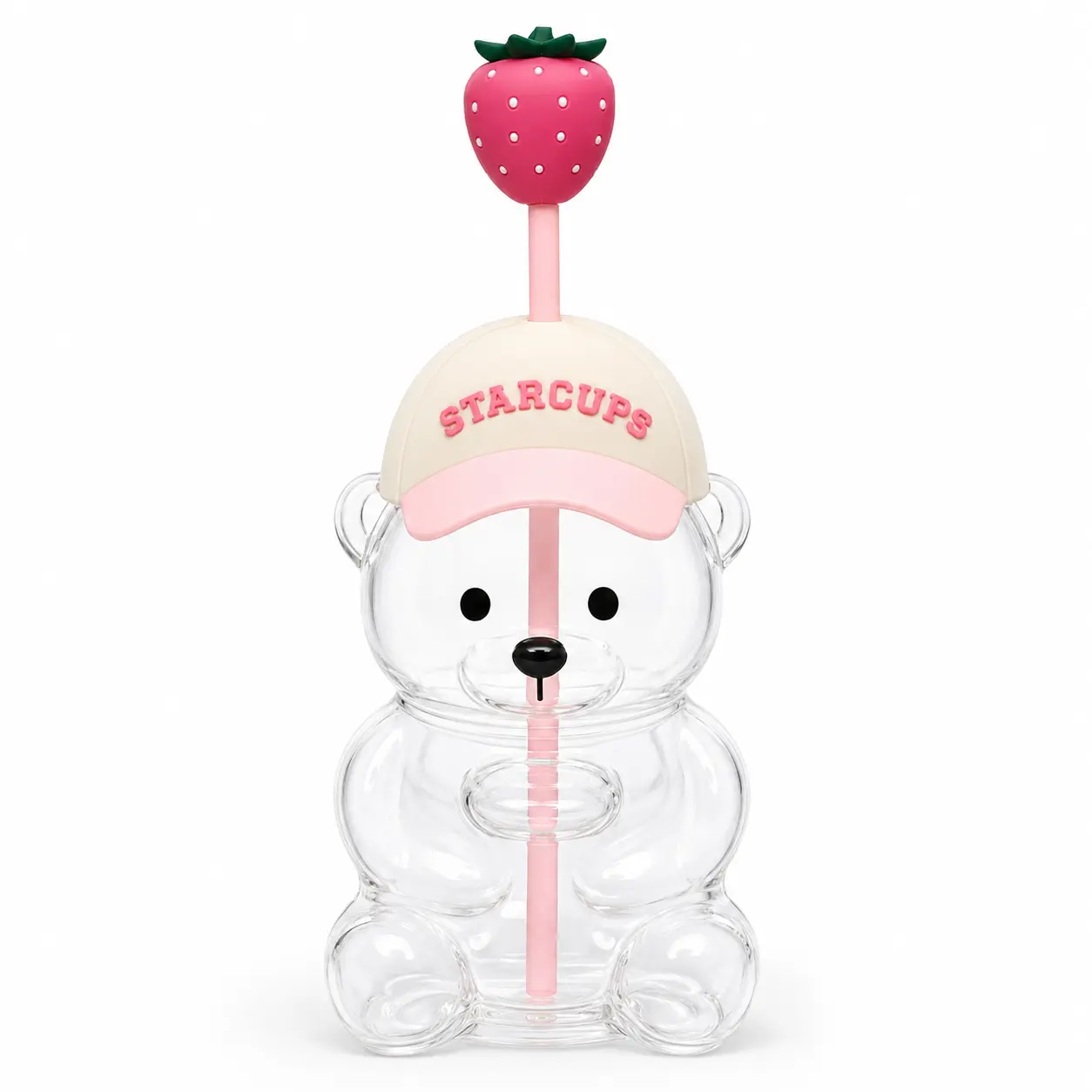 20 Oz Bear-Shaped Glass Tumbler with Strawberry Straw and Lid