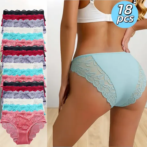 18 women's lace panties, sexy mid - rise, elastic waist, semi - transparent floral print, exquisite hollow - out & wavy edges, minimalist. Ideal for matching women's wear, weddings,  Breathable Underwear Breathable Seamless Knicker . women underwear