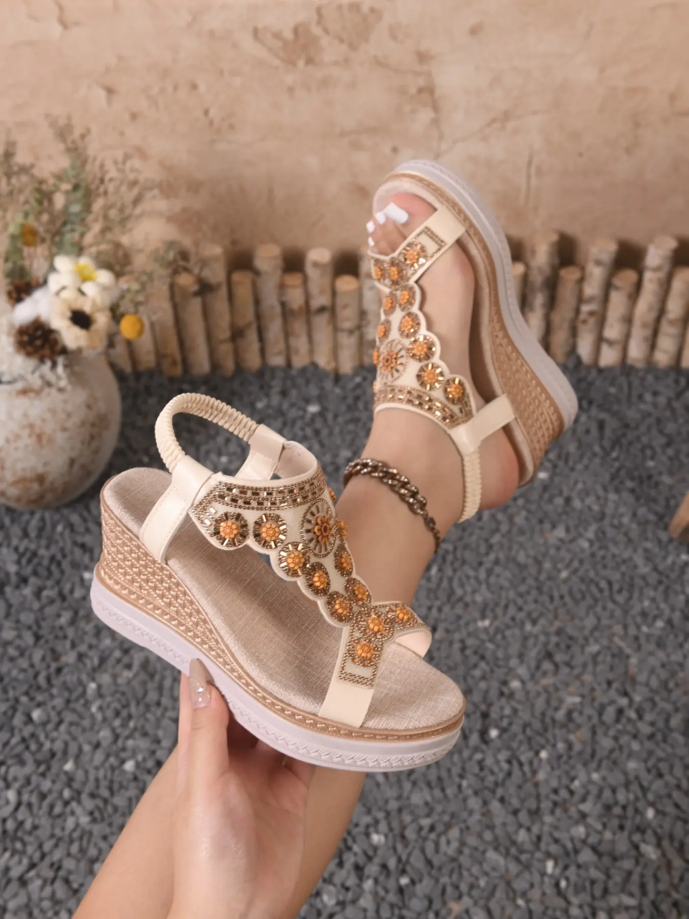 Women's Summer Thick Sole Platform Open Toe PU Leather Sandals, Bohemian Style Rhinestone Roman Heel Shoes, Large Size Fashion Footwear, Glitter Sandal, Elegant Sandal, Embellished Platform Sandal