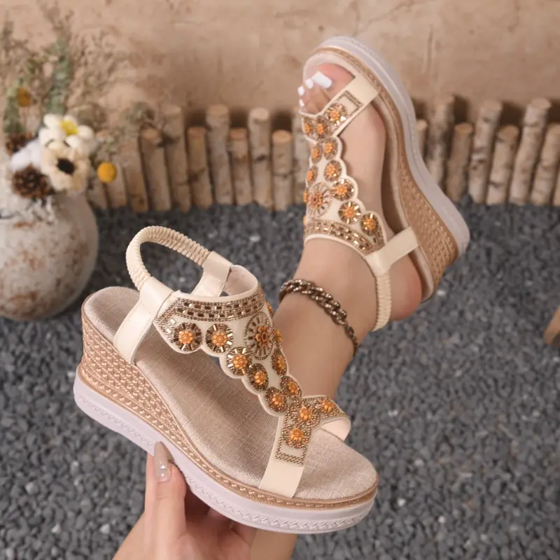 Women's Summer Thick Sole Platform Open Toe PU Leather Sandals, Bohemian Style Rhinestone Roman Heel Shoes, Large Size Fashion Footwear, Glitter Sandal, Sparkly Sandals, Elegant Sandal, Embellished Platform Sandal, Boho Rhinestone Sandals