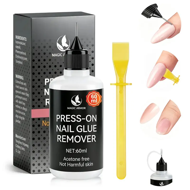 MAGIC ARMOR 60ml Nail Glue Remover for Press On Nails | Acetone Free & Gentle Formula | Quick Dissolve Glue Residue for Fake Nails & Nail Tips | Flexible Scraper Tool Included
