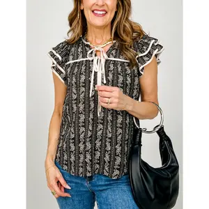 Stripe Floral Pattern Tie Front Ruffle Top