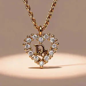 Pre-owned Dior Romantic Fully Paved Crystal Heart CD Logo Pendant Necklace Style D14, Luxury Shiny Women's Fashion Jewelry