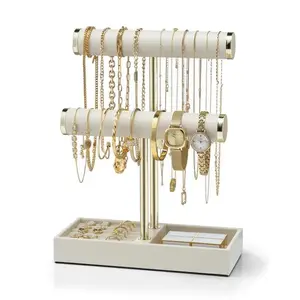 Vlando 2 Tier Bracelet Holder 0rganizer with Tray - Leather Jewelry Stand Organizer for Women - Jewelry Holder Display for Necklace, Watches, Rings, Earrings, Bangle, Scrunchie - White