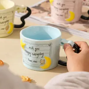 High-Quality Ceramic Mug, Couple Design, Creative Bow Handle with Saucer, Home Coffee Cup, Perfect Gift Idea