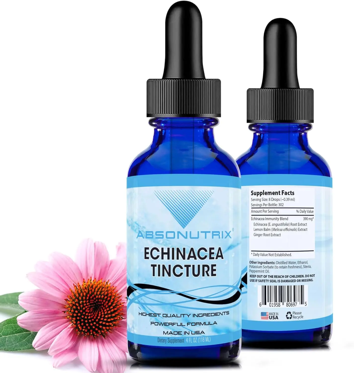 Absonutrix Echinacea Tincture Advanced Formula 390 mg 4 Oz Liquid 302 Servings Made in USA Quick Absorption Quality Potent Ingredients Non-GMO GMP Certified Facility Cruelty-Free