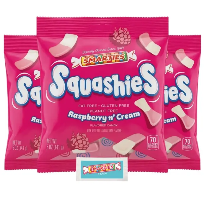 Smarties Squashies Foam Marshmallows Gummy Candies & Smarties Sample Packet Variety Pack - Raspberry & Cream Flavored - Allergen Free, Peanut Free & Gluten Free Candy - Soft & Chewy Squashies Candies - 5 oz Bag (Pack of 3)