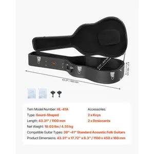 VEVOR Acoustic Guitar Hard Case, 43.31 in Gourd-Shaped Guitar Hard Case, With Lock Latch Key Handle, PVC Padding Soft Lining Water-Resistant Hard Shell Guitar Case, for 39-41 in Acoustic Guitar, Black