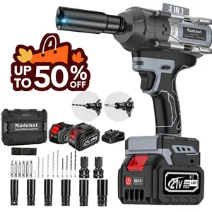 1000N.m Cordless Impact Wrench, Madebut, All-Metal Cordless Impact Gun with 2 * 4.0Mah, 3-IN-1 Electric Impact Wrench with 5 Sleeves Brushless Drill Drill Attachment ,impact drill, impact gun,  impact driver