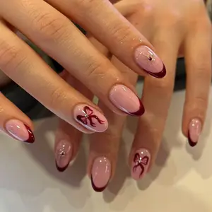 24pcs Short Oval Christmas Cute Bow Design French Acrylic False Nails Set, Includes Jelly Glue and Nail File, Perfect for Women and Girls